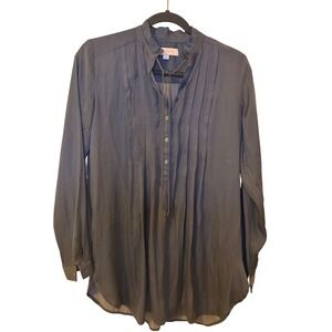 Ann Taylor LOFT Grey Pintuck Tie Neck Ruffle Blouse Tunic XS Vintage Style